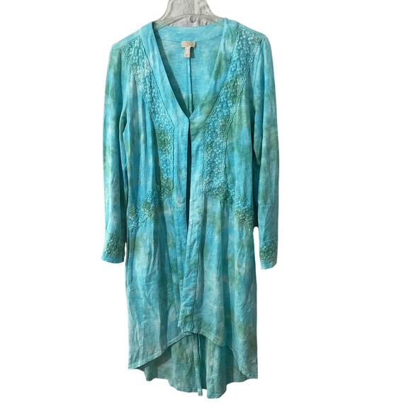 LOGO Lavish by Lori Goldstein Medium Hand Tie Dyed Duster w/ Crochet Lace Blue - Picture 1 of 7